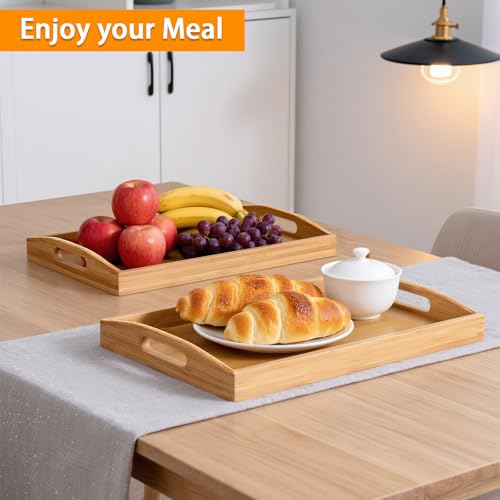 2-Pack Bamboo Serving Trays with Handles, 16" and 13", Decorative Food Tray Set for Breakfast, Coffee, Tea, Snacks, Ideal for Coffee Table, Ottoman, Living Room & Kitchen - My Kitchen Products