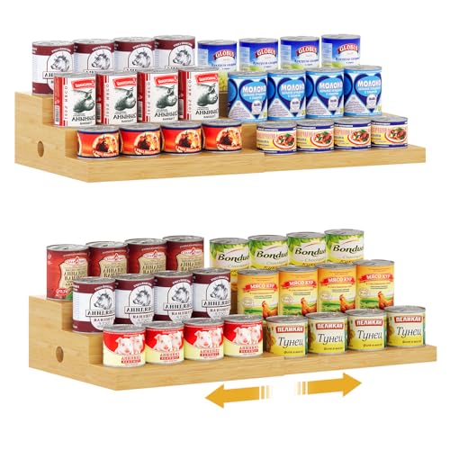 2-Pack Expandable Bamboo Can Rack Organizer for Pantry Display, 3-Tier Adjustable Can Storage