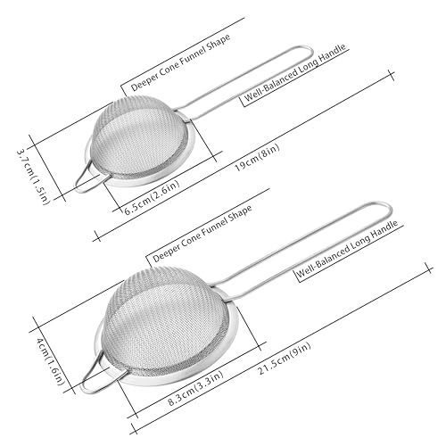 2 Pack Fine Mesh Strainers, Mini Stainless Steel Strainer with Handle for Kitchen, Metal Sieve Sifters for Straining Tea, Matcha, Cocktail, Juice and Coffee (8.6in 7.5in) - My Kitchen Products