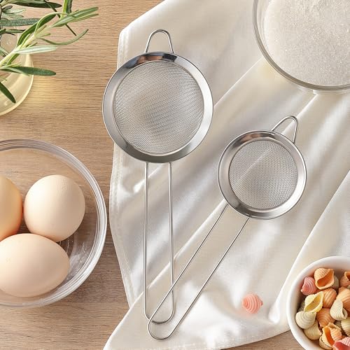 2 Pack Fine Mesh Strainers, Mini Stainless Steel Strainer with Handle for Kitchen, Metal Sieve Sifters for Straining Tea, Matcha, Cocktail, Juice and Coffee (8.6in 7.5in) - My Kitchen Products