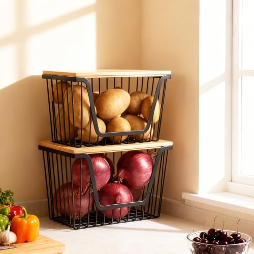 2 Pack Onion and Potato Storage Bins, Stackable Pantry Organizers Storage, Large Wire Storage Basket for Onion, Potato, Fruit, Vegetables - My Kitchen Products