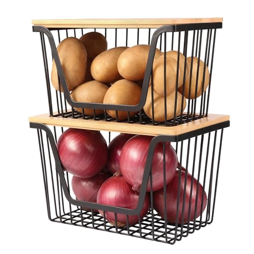 2 Pack Onion and Potato Storage Bins, Stackable Pantry Organizers Storage, Large Wire Storage Basket for Onion, Potato