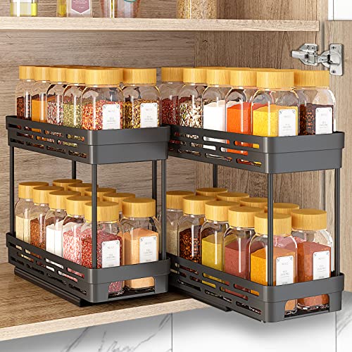 2 Pack Pull Out Spice Rack Organizer for Cabinet, Slide Out Spice Racks Organizer, Spice Cabinet Organizers, Cabinet Size Need:12'' Highx11'' Deepx5'' Wide,Hold 10 Spice Jar Each Tier-2Tier, Black - My Kitchen Products