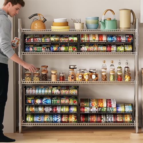 2-Pack Stackable Can Organizer for Pantry Shelf, Adjustable Extra-Long Rolling Can Rack for Kitchen Cupboard Storage, Sturdy Standing Can Holder for Canned Food Goods Soda up to 100, 2 Tier, Black - My Kitchen Products