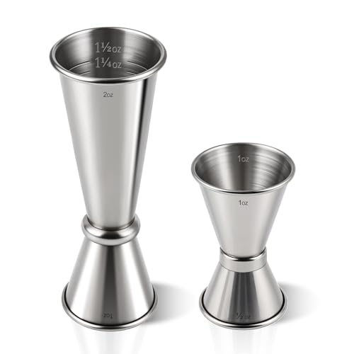 2-Pack Stainless Steel Cocktail Jiggers - Japanese Style Double Measuring Cups for Bartending (1oz/2oz + 0.5oz/1oz)