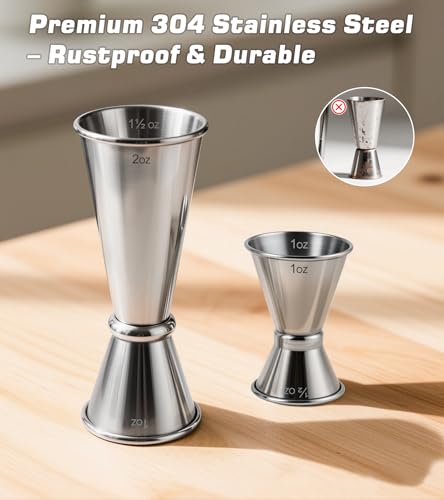 2-Pack Stainless Steel Cocktail Jiggers – Japanese Style Double Measuring Cups for Bartending (1oz/2oz + 0.5oz/1oz) - My Kitchen Products