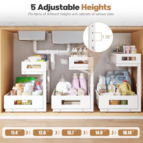 2-Pack Under Sink Storage Organizer, Large 2-Tier Elegant Mesh Pull Out Shelf for Kitchen and Bathroom Cabinet Organization, L-Shaped and Adjustable Height Design for Maximum Space Efficiency-White - My Kitchen Products