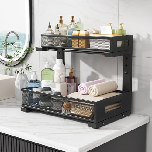 2-Pack Under Sink Storage Organizer, Large 2-Tier Elegant Mesh Pull Out Shelf for Kitchen and Bathroom Cabinet Organization, L-Shaped and Adjustable Height Design,Patent Pending-Black - My Kitchen Products