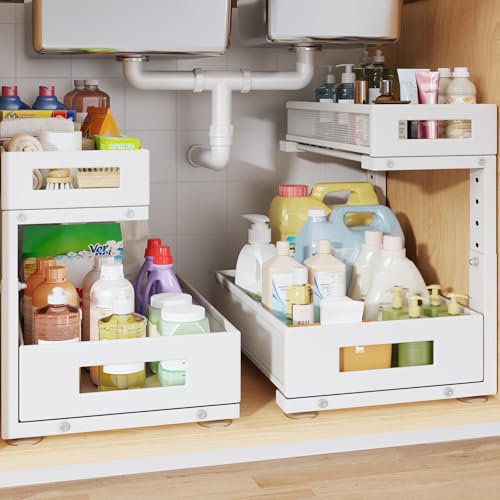 2-Pack Under Sink Storage Organizer, Large 2-Tier Elegant Mesh Pull Out Shelf for Kitchen and Bathroom Cabinet