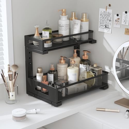 2-Pack Under Sink Storage Organizer, Large 2-Tier Elegant Mesh Pull Out Shelf for Kitchen and Bathroom Cabinet Organization, L-Shaped and Adjustable Height Design,Patent Pending-Black - My Kitchen Products