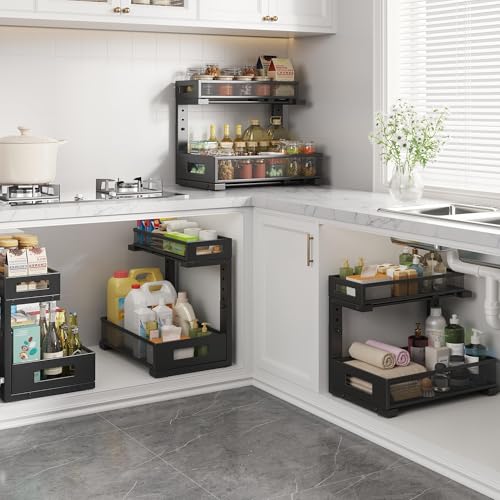 2-Pack Under Sink Storage Organizer, Large 2-Tier Elegant Mesh Pull Out Shelf for Kitchen and Bathroom Cabinet Organization, L-Shaped and Adjustable Height Design,Patent Pending-Black - My Kitchen Products