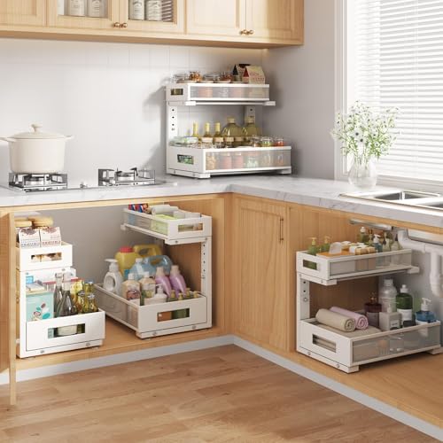2-Pack Under Sink Storage Organizer, Large 2-Tier Elegant Mesh Pull Out Shelf for Kitchen and Bathroom Cabinet Organization, L-Shaped and Adjustable Height Design for Maximum Space Efficiency-White - My Kitchen Products