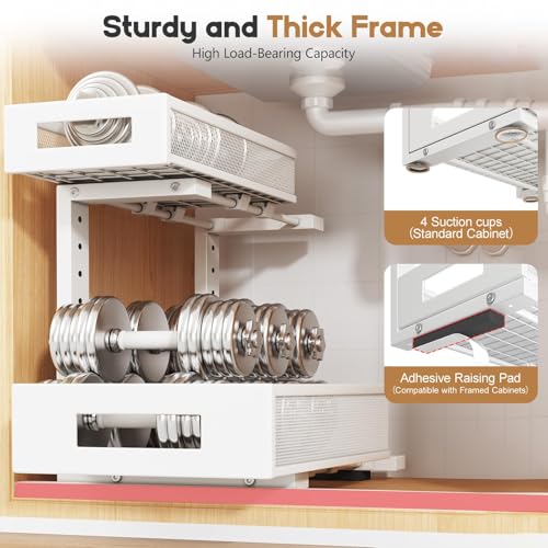 2-Pack Under Sink Storage Organizer, Large 2-Tier Elegant Mesh Pull Out Shelf for Kitchen and Bathroom Cabinet Organization, L-Shaped and Adjustable Height Design for Maximum Space Efficiency-White - My Kitchen Products