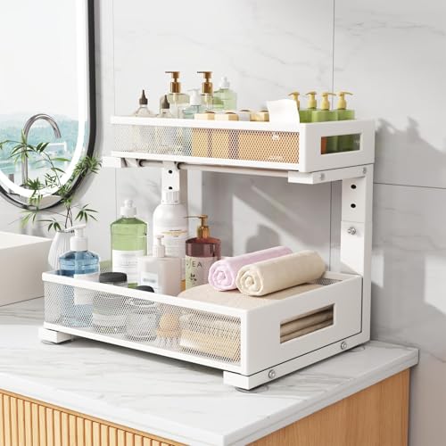 2-Pack Under Sink Storage Organizer, Large 2-Tier Elegant Mesh Pull Out Shelf for Kitchen and Bathroom Cabinet Organization, L-Shaped and Adjustable Height Design for Maximum Space Efficiency-White - My Kitchen Products