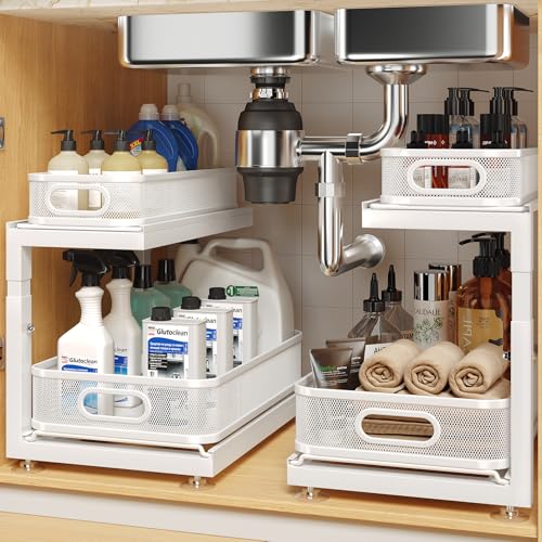 2-Pack Under Sink Storage Organizer with 2-Tier Slide Out Drawer, Sophisticated Mesh Pull Out Shelf for Kitchen &