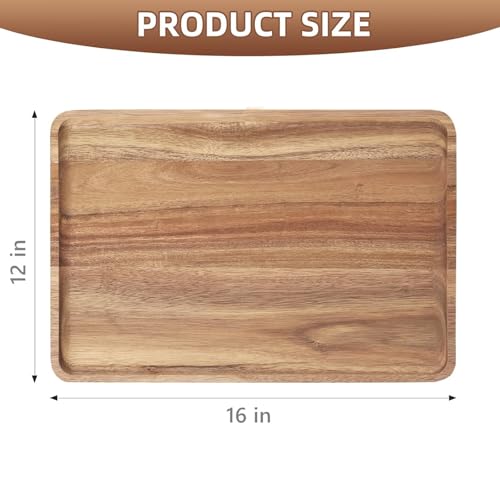 2 PCS 16 x 12 in Large Solid Acacia Wood Serving Trays Rectangular Wooden Serving Platters Natural Wooden Boards for Bar Coffee Party（Wood Log Color） - My Kitchen Products