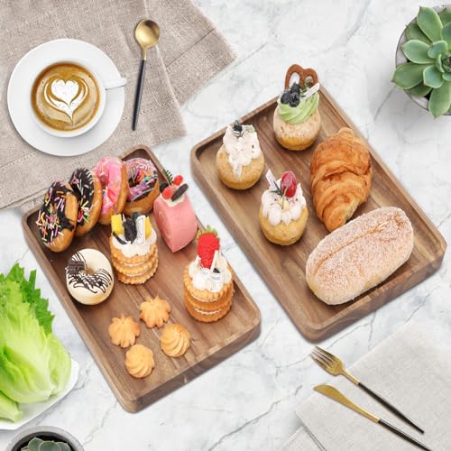 2 PCS 16 x 12 in Large Solid Acacia Wood Serving Trays Rectangular Wooden Serving Platters Natural Wooden Boards for Bar Coffee Party（Wood Log Color） - My Kitchen Products