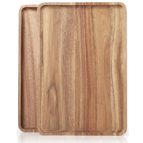 2 PCS 16 x 12 in Large Solid Acacia Wood Serving Trays Rectangular Wooden Serving Platters Natural Wooden Boards for Bar