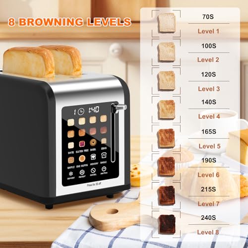 2 Slice Toaster Touch Screen, Stainless Steel Toasters Digital Timer 2 Slot Toasters, 8 Shade Settings 6 Bread Types for Bagel, Cancel, Defrost (Black) - My Kitchen Products
