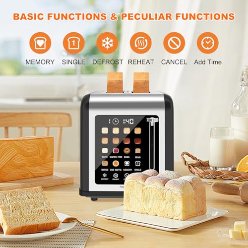 2 Slice Toaster Touch Screen, Stainless Steel Toasters Digital Timer 2 Slot Toasters, 8 Shade Settings 6 Bread Types for Bagel, Cancel, Defrost (Black) - My Kitchen Products