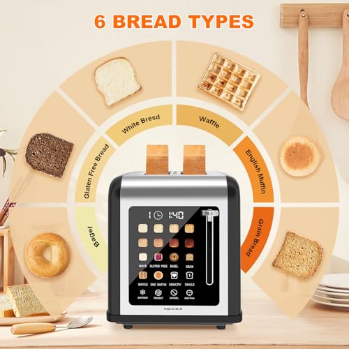2 Slice Toaster Touch Screen, Stainless Steel Toasters Digital Timer 2 Slot Toasters, 8 Shade Settings 6 Bread Types for Bagel, Cancel, Defrost (Black) - My Kitchen Products