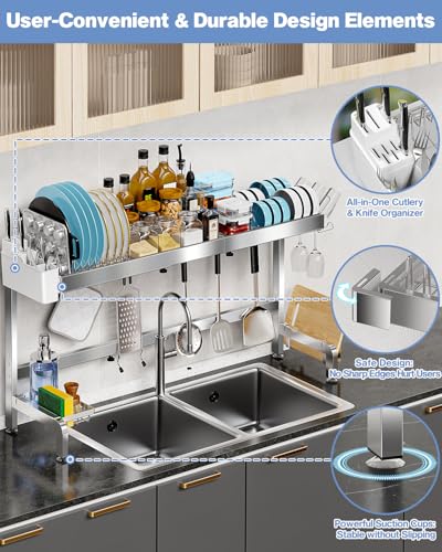 2 Tier Extra Large Over The Sink Dish Drying Rack, Expandable Stainless Steel Dish Drainer with Multifunctional Organizer, Space-Saving Above Sink Dish Rack with Large Capacity for Kitchen Counter - My Kitchen Products