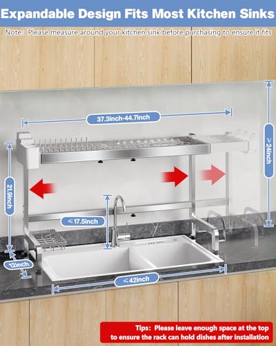 2 Tier Extra Large Over The Sink Dish Drying Rack, Expandable Stainless Steel Dish Drainer with Multifunctional Organizer, Space-Saving Above Sink Dish Rack with Large Capacity for Kitchen Counter - My Kitchen Products