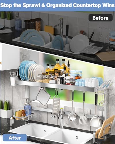 2 Tier Extra Large Over The Sink Dish Drying Rack, Expandable Stainless Steel Dish Drainer with Multifunctional Organizer, Space-Saving Above Sink Dish Rack with Large Capacity for Kitchen Counter - My Kitchen Products