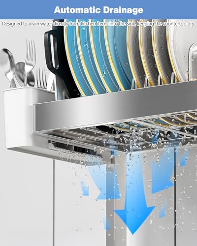 2 Tier Extra Large Over The Sink Dish Drying Rack, Expandable Stainless Steel Dish Drainer with Multifunctional Organizer, Space-Saving Above Sink Dish Rack with Large Capacity for Kitchen Counter - My Kitchen Products