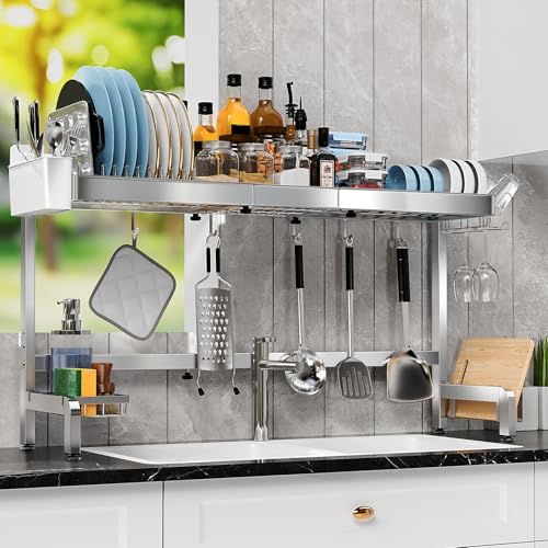 2 Tier Extra Large Over The Sink Dish Drying Rack, Expandable Stainless Steel Dish Drainer with Multifunctional Organizer, Space-Saving Above Sink Dish Rack with Large Capacity for Kitchen Counter - My Kitchen Products