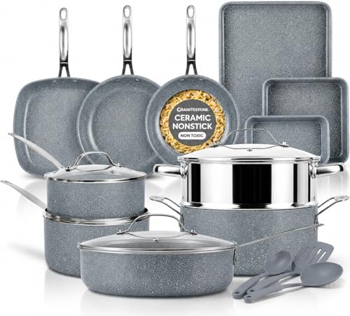 20 Pc Pots and Pans Set Nonstick - Granitestone Ceramic Cookware Set Induction Compatible with Bakeware, Utensils & Steamer, Non Toxic PFOA PFOS PFAS PTFE Free, Oven Safe to 500°F Dishwasher Safe Gray - My Kitchen Products