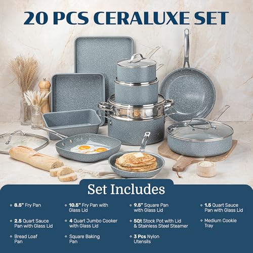 20 Pc Pots and Pans Set Nonstick - Granitestone Ceramic Cookware Set Induction Compatible with Bakeware, Utensils & Steamer, Non Toxic PFOA PFOS PFAS PTFE Free, Oven Safe to 500°F Dishwasher Safe Gray - My Kitchen Products