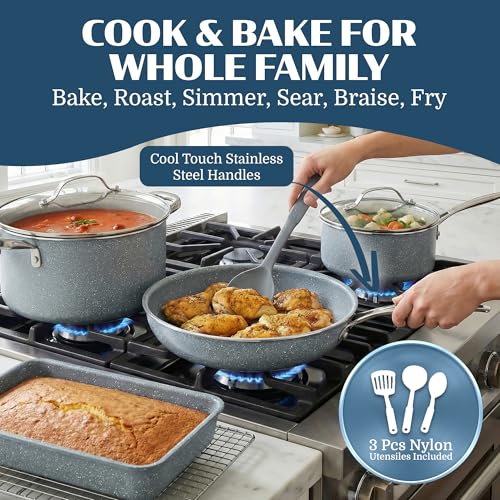 20 Pc Pots and Pans Set Nonstick - Granitestone Ceramic Cookware Set Induction Compatible with Bakeware, Utensils & Steamer, Non Toxic PFOA PFOS PFAS PTFE Free, Oven Safe to 500°F Dishwasher Safe Gray - My Kitchen Products