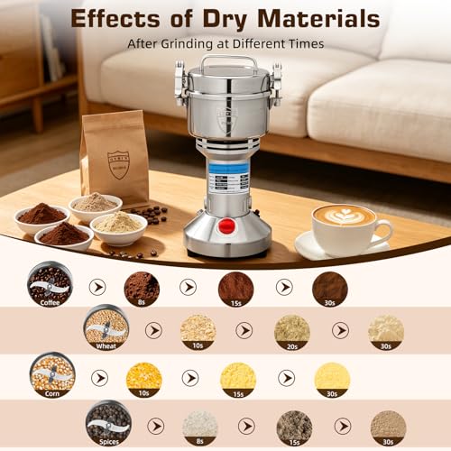 2000W Electric Grain Mill Grinder, 750g High Capacity Stainless Steel Pulverizer, Heavy Duty Spice & Herb Grinder for Dry Ingredients, 50-300 Mesh Powder Machine for Home & Commercial Use - My Kitchen Products