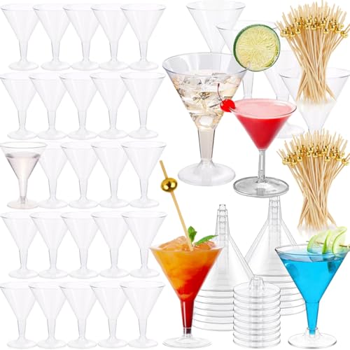 200pcs Cocktail Picks+54 Plastic Martini Glasses Disposable Martini Glasses for Parties, 7 Oz Disposable Cocktail Glass