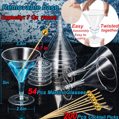 200pcs Cocktail Picks+54 Plastic Martini Glasses Disposable Martini Glasses for Parties, 7 Oz Disposable Cocktail Glass with Party Toothpicks for Appetizers,Plastic Martinis Cups for Margarita - My Kitchen Products