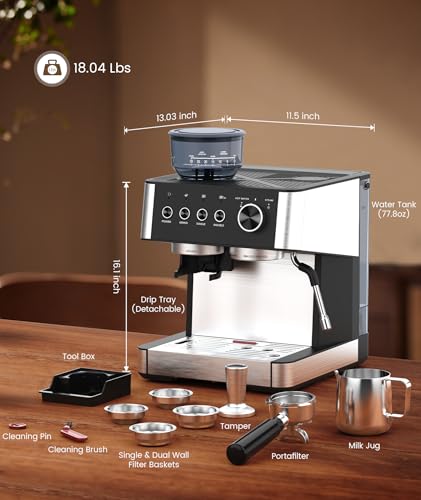 (2026 Upgrade) Espresso Machine with Grinder, Expresso Coffee Machines with Built-in Anti-Clog Coffee Grinder/Milk Steam Wand/Frother, Expresso Machines for Home Perfect Cappuccino & Latte-Gloss Black - My Kitchen Products