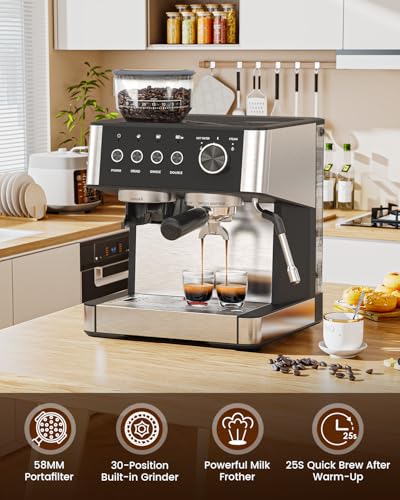 (2026 Upgrade) Espresso Machine with Grinder, Expresso Coffee Machines with Built-in Anti-Clog Coffee Grinder/Milk Steam Wand/Frother, Expresso Machines for Home Perfect Cappuccino & Latte-Gloss Black - My Kitchen Products