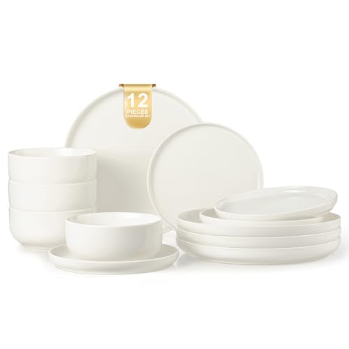 EWFEN Plates and Bowls Sets, 12 Pieces Ceramic Dinnerware Set for 4, Stoneware Dishware Dishes Set, Scratch Resistant Dishes Set, Dishwasher & Microwave Safe, White