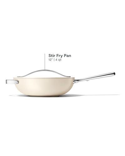 Caraway Non-Stick Stir Fry Pan - 12” Wok-Inspired Pan - Free From Forever Chemicals - High-Sloped Walls - Stainless Steel Handles - Cream