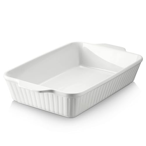 DOWAN Casserole Dish, 9x13 Ceramic Baking Dish, Large Lasagna Pan Deep for Oven, 4.2 Quarts Baking Pan with Handles, Oven Safe and Durable Bakeware for Lasagna, Home Decor, Wedding Gift, Soft White