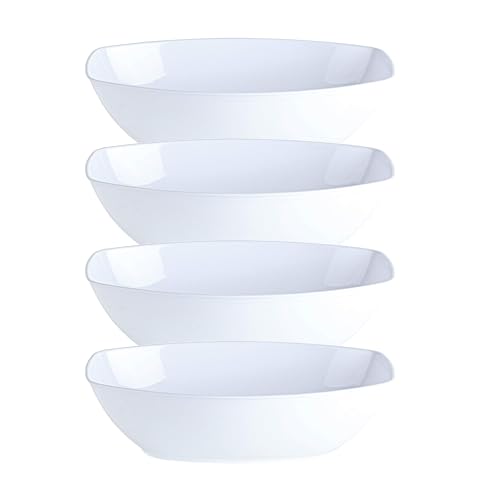 PLASTICPRO Disposable Oval Serving Bowls, Party Snack or Salad Bowl, 72-Ounce, Plastic (4, WHITE BOWLS)
