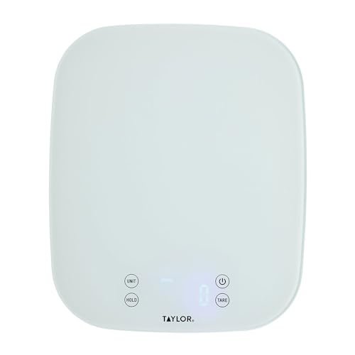 Taylor Pro Digital Kitchen Food Scales, Compact Professional Standard with Precision Accuracy and Waterproof Design with Tare Feature, White Glass, Weighs 14 kg/14 L Capacity