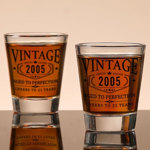 21st Birthday Gifts for Him Her - Limited Edition Shot Glass with Wooden Box - Vintage 2005 Cheers To 21 Years, Finally 21 Party Decorations Supplies - Turning 21 Bday Present for Men Brother Friends - My Kitchen Products