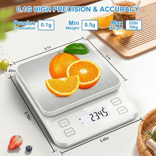 22lb Rechargeable Stainless Steel Scale, Diyife Large Kitchen Food Scale with 0.1g/0.001oz High Precision, LCD Display, 10 Unit, Waterproof IPX67, Washable, Hangable, for Baking, Cooking, White - My Kitchen Products