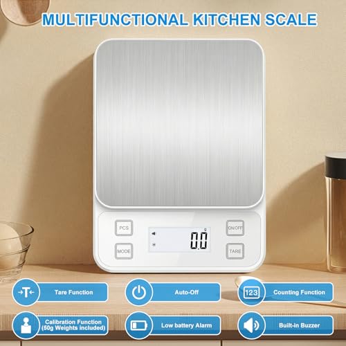22lb Rechargeable Stainless Steel Scale, Diyife Large Kitchen Food Scale with 0.1g/0.001oz High Precision, LCD Display, 10 Unit, Waterproof IPX67, Washable, Hangable, for Baking, Cooking, White - My Kitchen Products