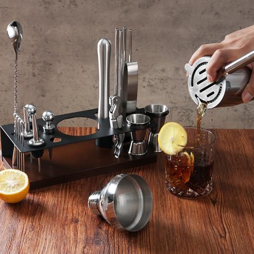 23-Piece Bartender Kit, Cocktail Shaker Set with Stand | Bar Set Drink Mixer Set with All Essential Bar Tools: Martini Shaker,Bar Mixer Spoon, Jigger, Strainer, Muddler, Pourers, for Home, Bar, Party - My Kitchen Products