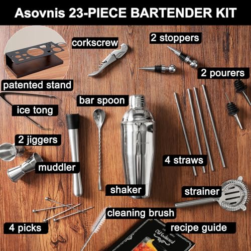 23-Piece Bartender Kit, Cocktail Shaker Set with Stand | Bar Set Drink Mixer Set with All Essential Bar Tools: Martini Shaker,Bar Mixer Spoon, Jigger, Strainer, Muddler, Pourers, for Home, Bar, Party - My Kitchen Products