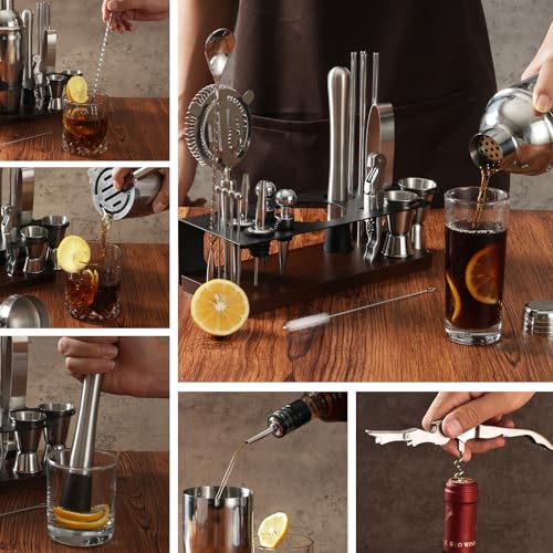 23-Piece Bartender Kit, Cocktail Shaker Set with Stand | Bar Set Drink Mixer Set with All Essential Bar Tools: Martini Shaker,Bar Mixer Spoon, Jigger, Strainer, Muddler, Pourers, for Home, Bar, Party - My Kitchen Products