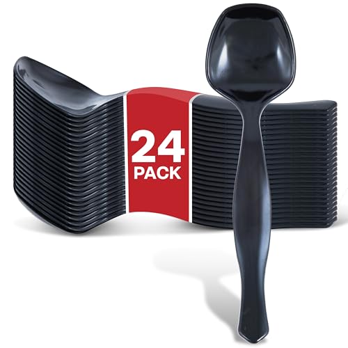 24 Count Disposable Black Plastic Serving Spoons for Catering, Weddings, Holidays and More - Large Plastic Buffet Spoons